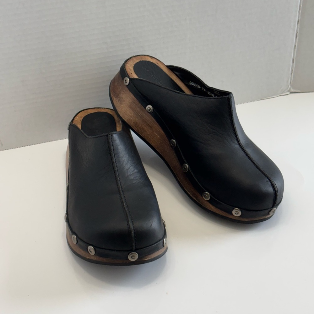 Rare Canyon River Blues Gordon Womens 7M Black Leather Wooden Sole Comfort Clogs - Picture 11 of 16
